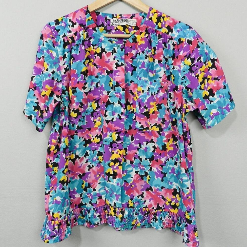Vintage 80s 90s Alfred Dunner Womens Floral Blouse Size M Short Sleeve Pink Blue